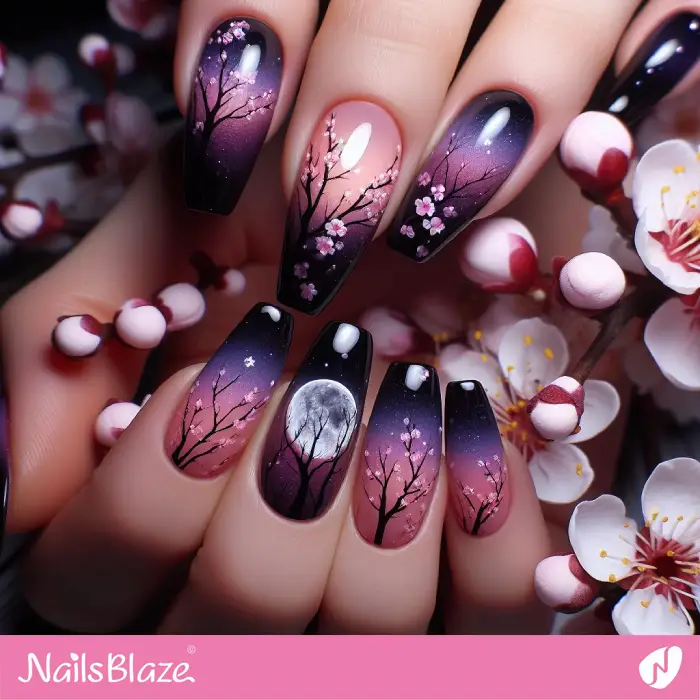Ombre Nails Design with Cherry Blossoms at the Night | Tree Nails - NB3313